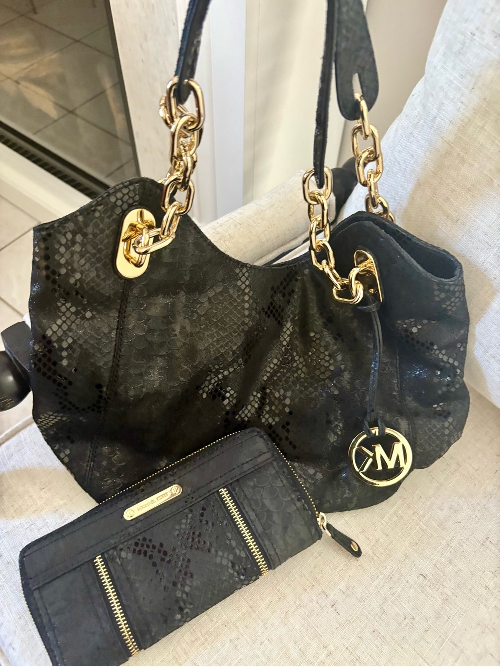 Michael Kors Black Snake-Embossed Shoulder Bag with Gold Hardware